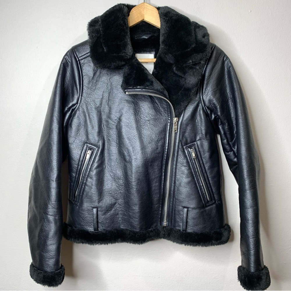 Abercrombie & Fitch Black Leather faux fur bomber jacket